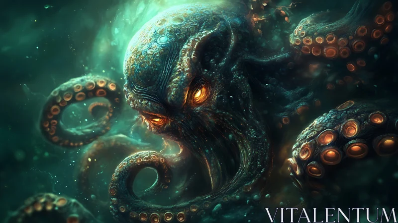 Abyssal titan unfurls molten-eyed tentacles in eerie glow