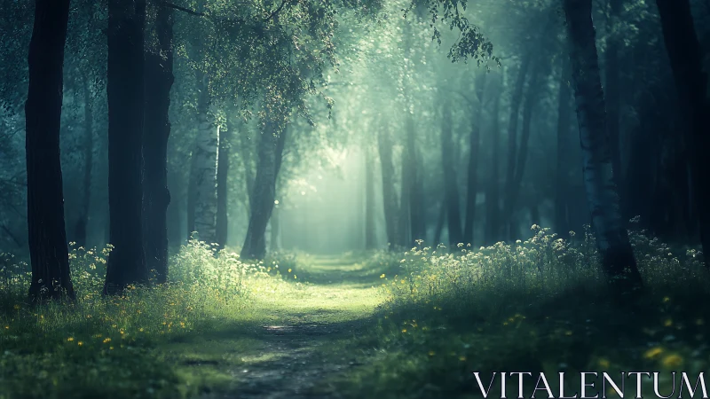 Forest pathway with afternoon light filtering through tree canopy