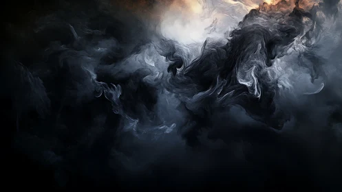 Abstract dark fluid forms occupy a contrasting luminous field