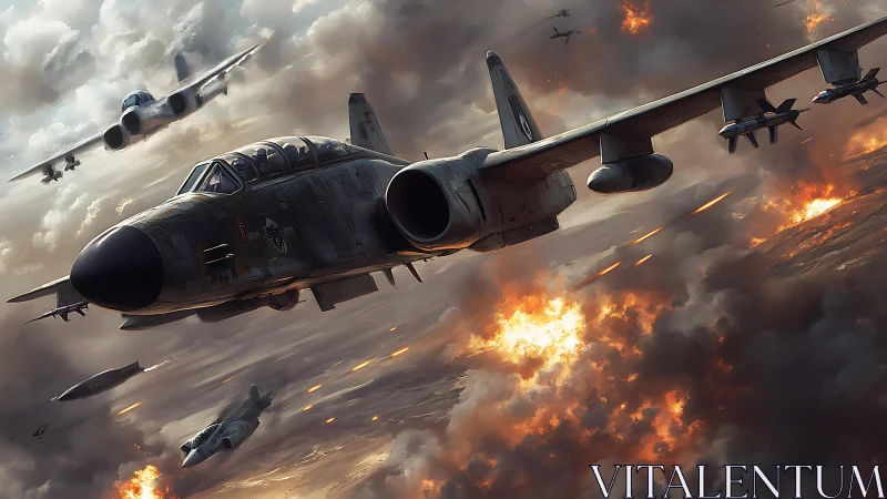 Strike fighters cross burning cloudscape in dynamic combat dive
