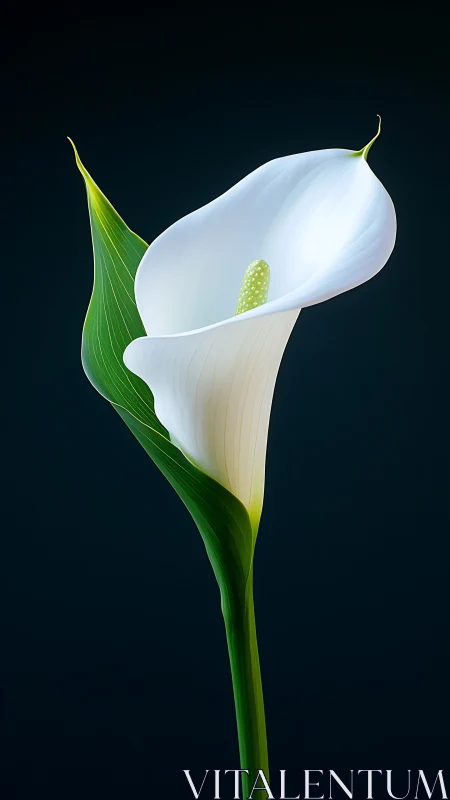 White Calla Lily with Green Spathe and Spadix Against Dark Background.