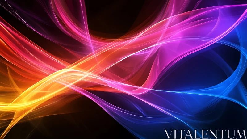 Vibrant neon light ribbons cross over deep black void.