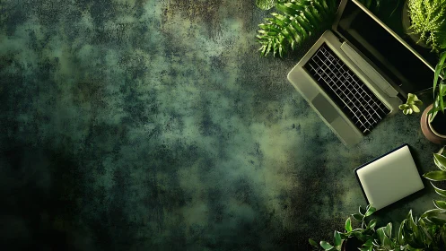 Digital workspace with botanical laptop flatlay composition.