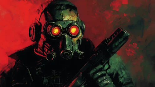 Crimson wasteland sentinel with burning neon eyes stands ready.