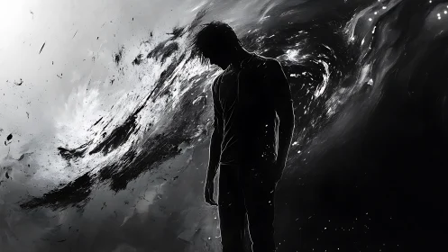 Shadowed figure pauses before a swirling storm of ink