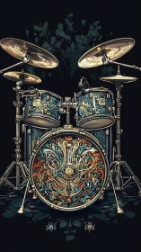 Ornate drum kit illustration with luminous cymbals on black.