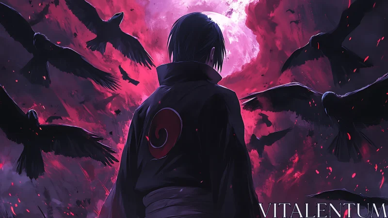 Lone dark warrior faces blood moon amid swirling black crows