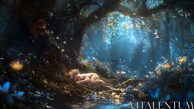 Nude infant lies in illuminated forest clearing by stream