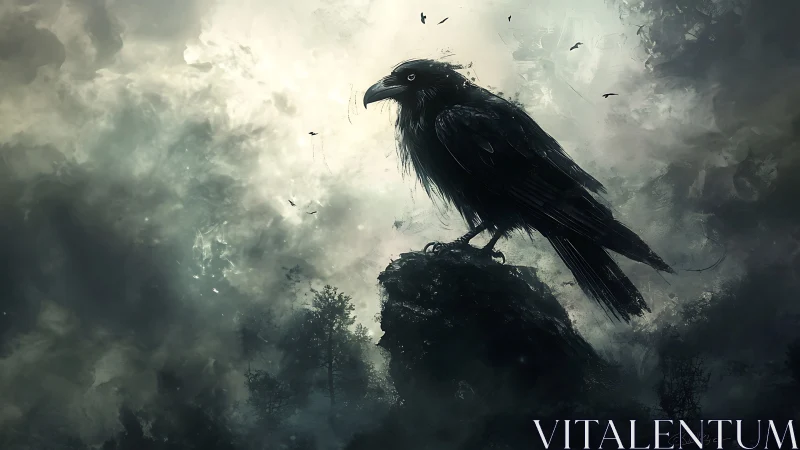 Midnight raven rules a storm-lit kingdom of swirling clouds