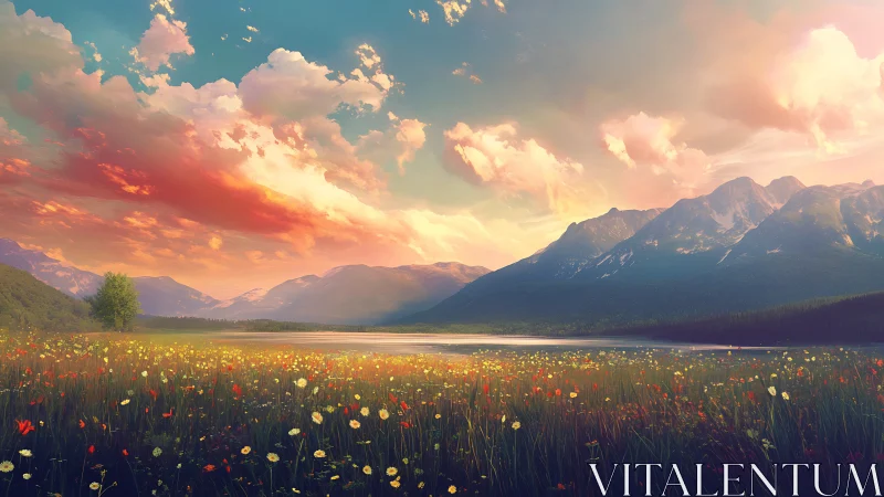 Sunset light washes over a wildflower meadow and calm lake