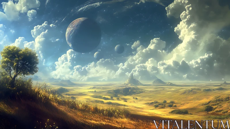 Planetary sky above expansive grassy plain landscape scene.