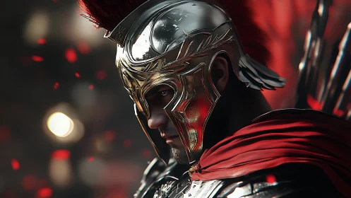 3D rendered Roman warrior portrait with ornate helmet focus.
