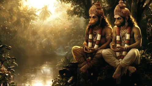 Twin monkey sages in sunlit jungle meditation by riverbank.