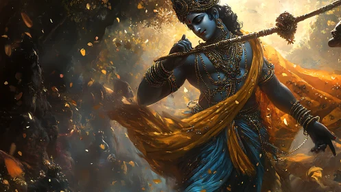 Mythic blue flutist amid volumetric foliage and kinetic drapery.