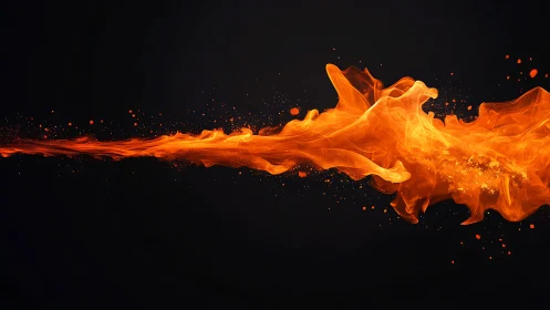 Fire stream expanding horizontally against dark background with particle dispersion.