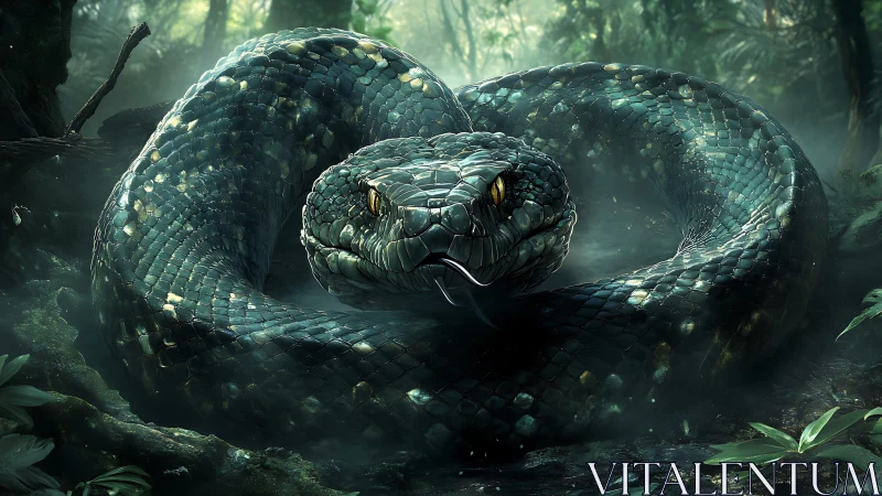 Emerald jungle python coils in misty, backlit forest floor