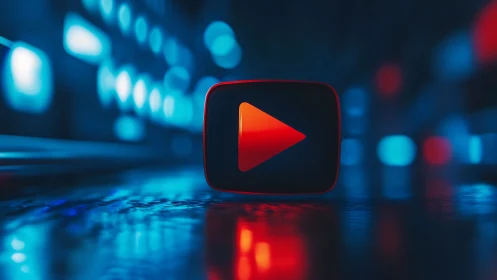 Play icon cube on reflective surface in blue light environment.