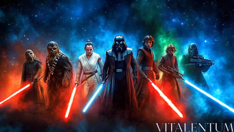 Digital painting lineup of sci‑fi warriors with neon sabers.