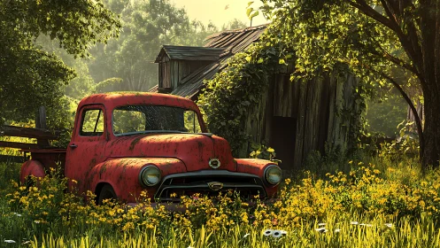 Rusty red pickup resting in a sunny wildflower meadow.