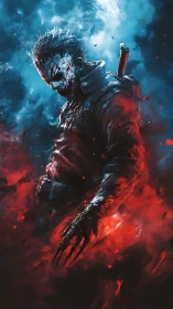 Haunted warrior strides through swirling red and blue fury.