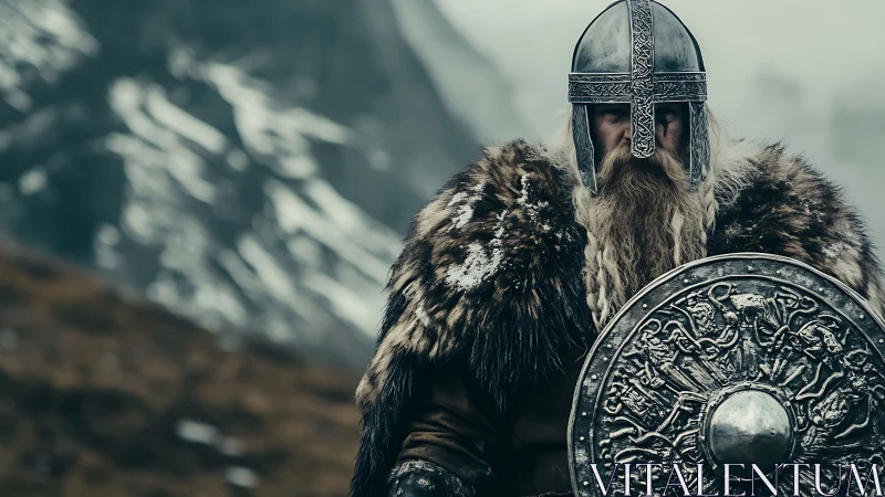 Armored Norse warrior with engraved shield in glacial valley.