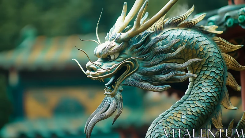 Copper-green Chinese dragon sculpture with high-relief scaled body