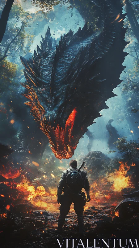 Armored warrior confronting volcanic dragon in burning forest