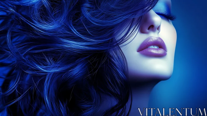 Chromatic blue portrait with high-gloss hair rendering dynamics.