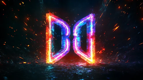 Neon molten letter D shapes glow in a dark reflective space