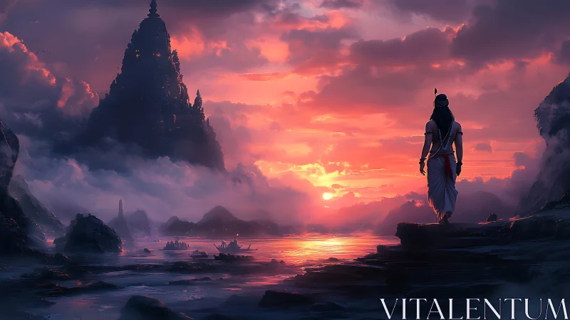 Solitary figure walks toward distant mountain temple at dusk
