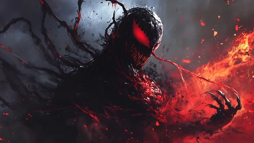 Infernal symbiote erupts from shadows in molten crimson storm.