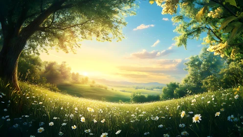 Sunlit meadow landscape with daisies and distant hills.