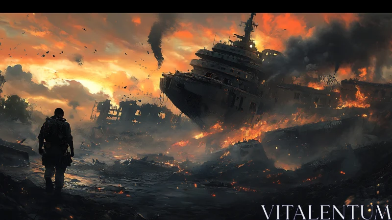 Lone soldier observing burning warship in ruined harbor.