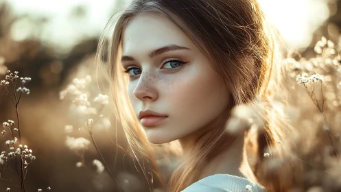 Freckled young woman in golden backlit meadow portrait.
