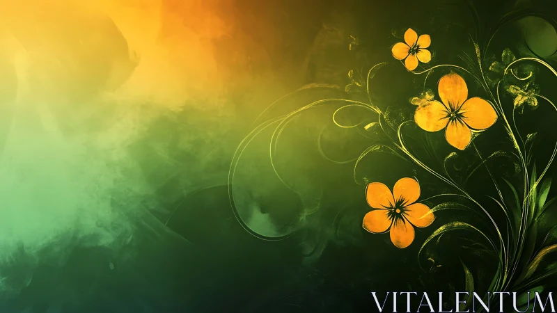 Rendered botanical illustration with parametric golden flowers on gradient background