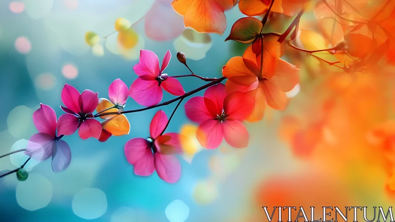 Vibrant Floral Branches Against Soft Blue Bokeh Background.