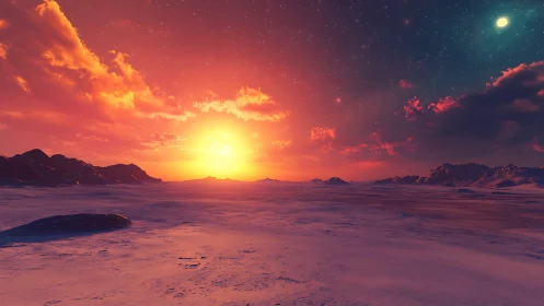 Sunlit alien tundra under magenta nebula sky at dusk.