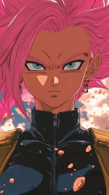 Pink-haired anime warrior stands determined amid drifting embers.