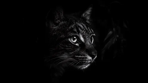 Black and white closeup of a cat face emerging from dark.