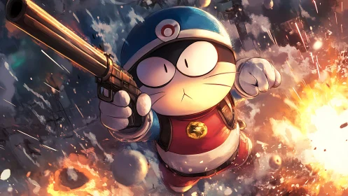 Blaster hero cat rockets through fiery anime chaos skies.
