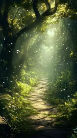 Luminescent Forest Archway: Photorealistic Canopy with Dappled Light Transmission.