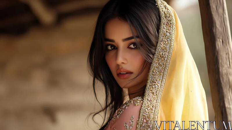 Portrait of woman in yellow embellished dupatta, shallow depth