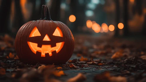 Cozy jack o lantern glowing softly on an autumn path.