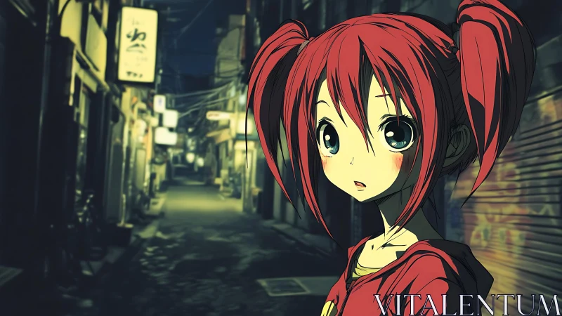 Red haired anime girl stands in neon lit alleyway at night.