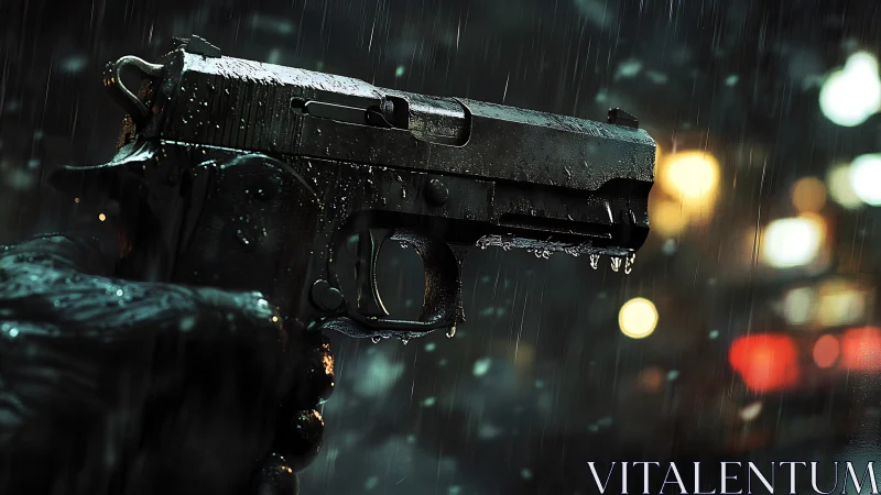 Rain-drowned pistol holds its breath in neon city blur