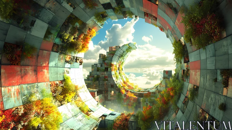 Overgrown orbital ruins curving into a luminous sky portal.