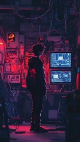Lone hacker studies dual monitors in red neon server room