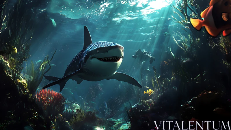 Smiling shark glides through sunlit coral reef caverns below