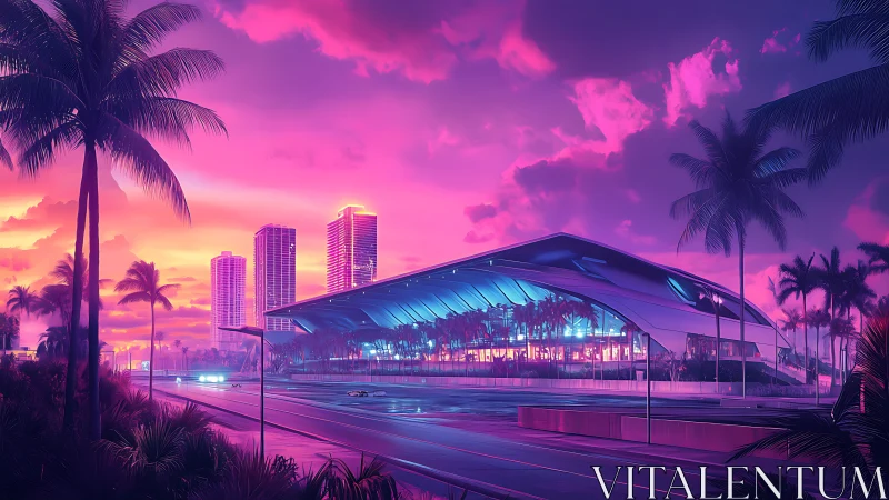 Futuristic coastal cityscape with stadium at neon dusk.