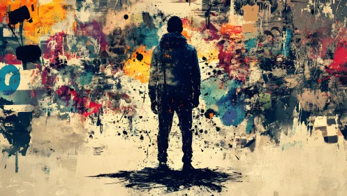 Silhouette of a Man Against Abstract Colorful Graffiti Art Background.